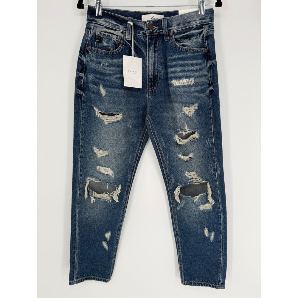 KANCAN DISTRESSED MOM JEAN SIZE 26 NWT‎ HIGH RISE RELAXED THIGH TAPERED LEG
